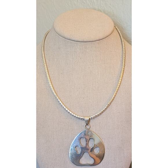 925 Sterling Paw Print Pendant on Thin Woven 925 Silver Italy 16-18" Collar - Picture 1 of 8